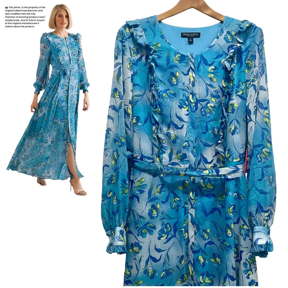 PRABAL GURUNG For JCPenny Paradise Blue Ruffled Cottagecore Floral Maxi Dress